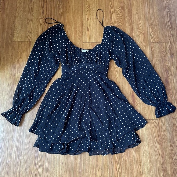 THIRTY/THIRTY LA Womens Fit & Flare Mini Long Sleeve Polka Dot Black Dress - Picture 1 of 10